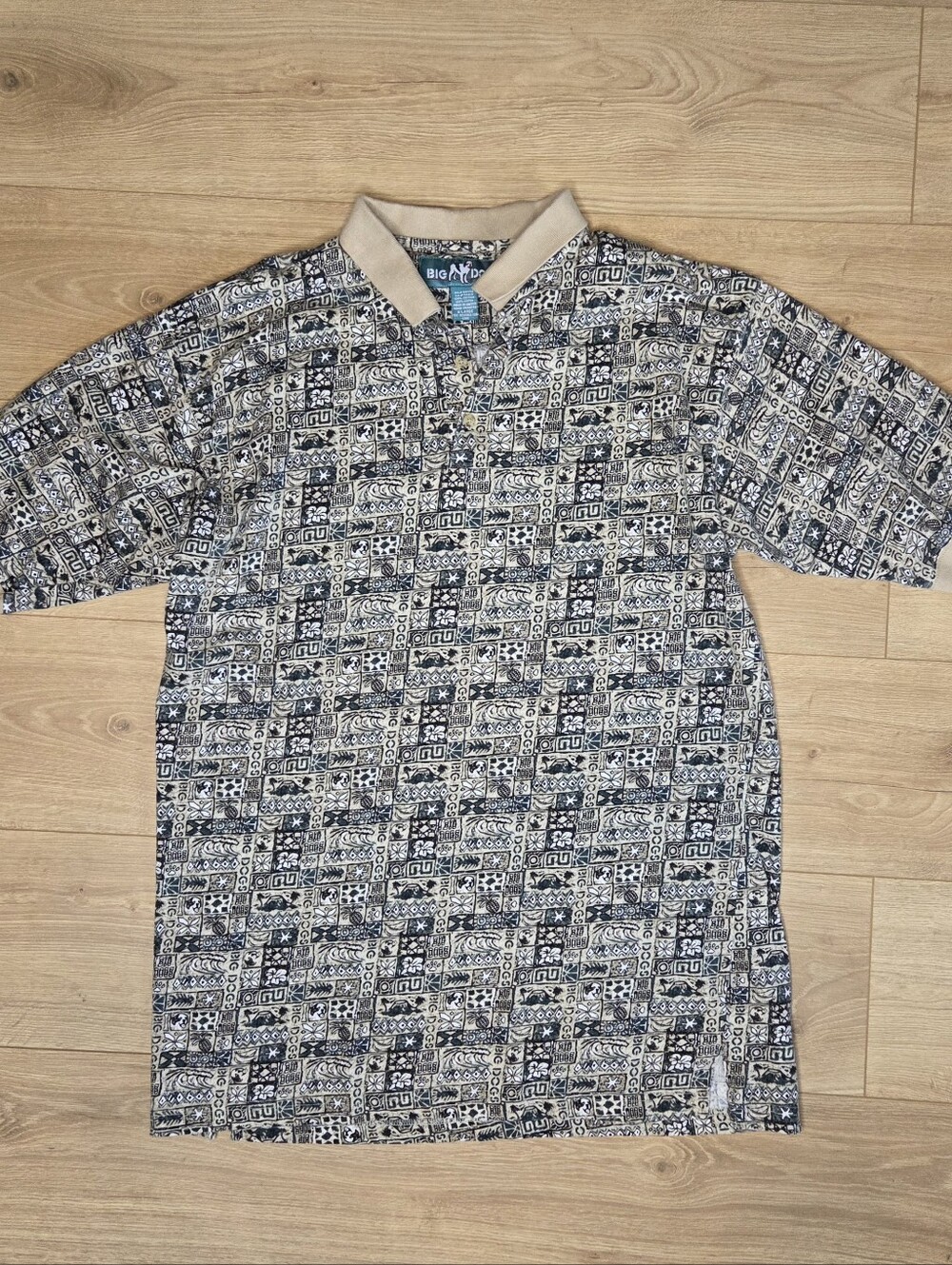 Vintage Y2K Big Dogs Tiki Print Polo Shirt XL Hawaiian Resort Golfcore 90s
